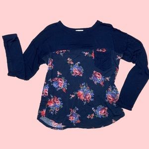 Women's Small Soul Cake Long Sleeve Floral Shirt Navy Pink Floral Front Pocket